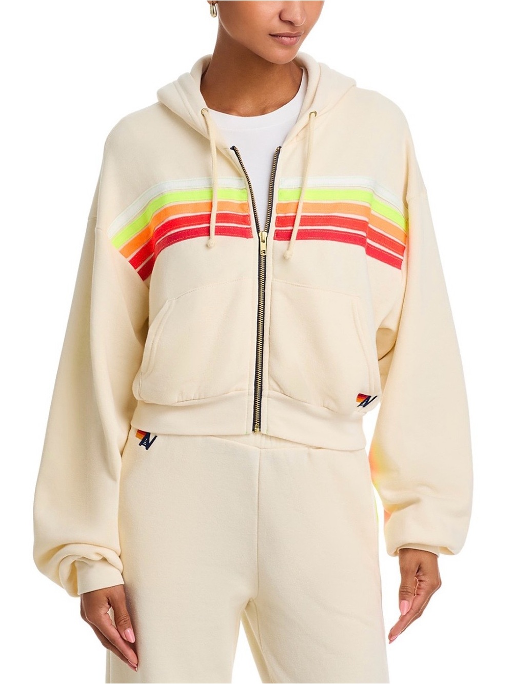 Women's Cream Aviator Nation Zip-Front Hoodie with Neon Stripe Detail